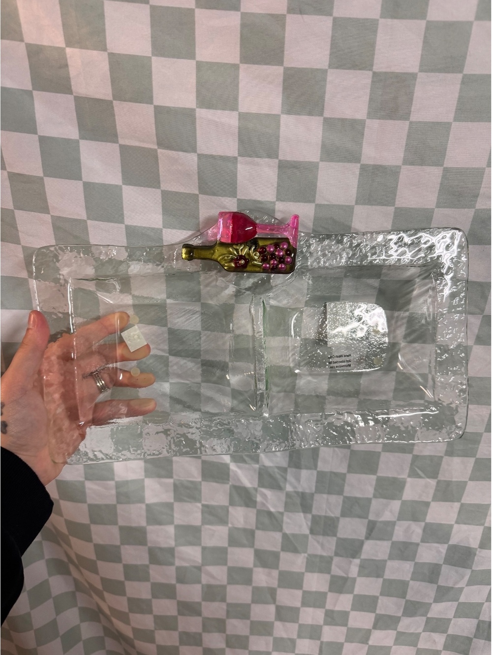 DEMDACO Pop In Rectangle Divided Glass Dish with Wine Bottle Accent